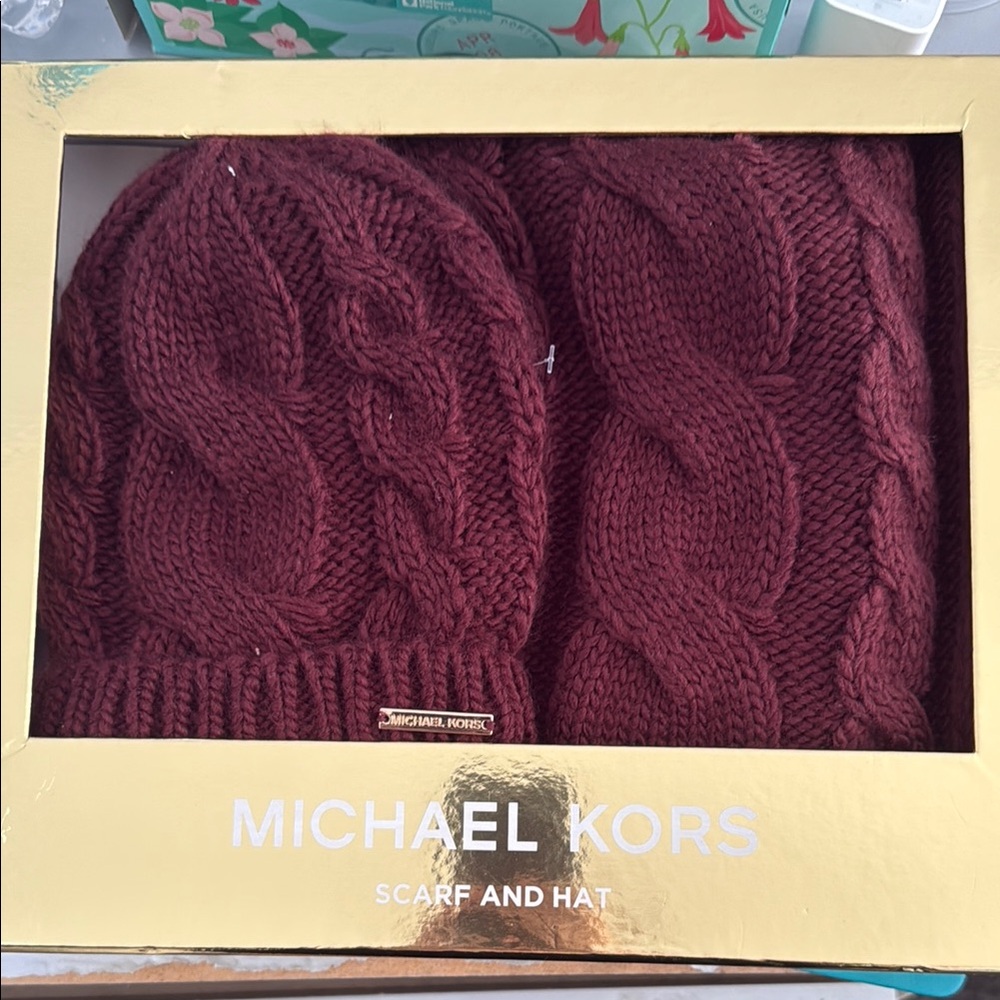 Michael Kors Cable Knit Scarf and Hat Set - Burgundy